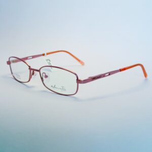 Stylish pink metal rectangular eyeglasses with orange temple tips, ideal for fashion and vision enhancement." . Available at website - www.spexovision.com