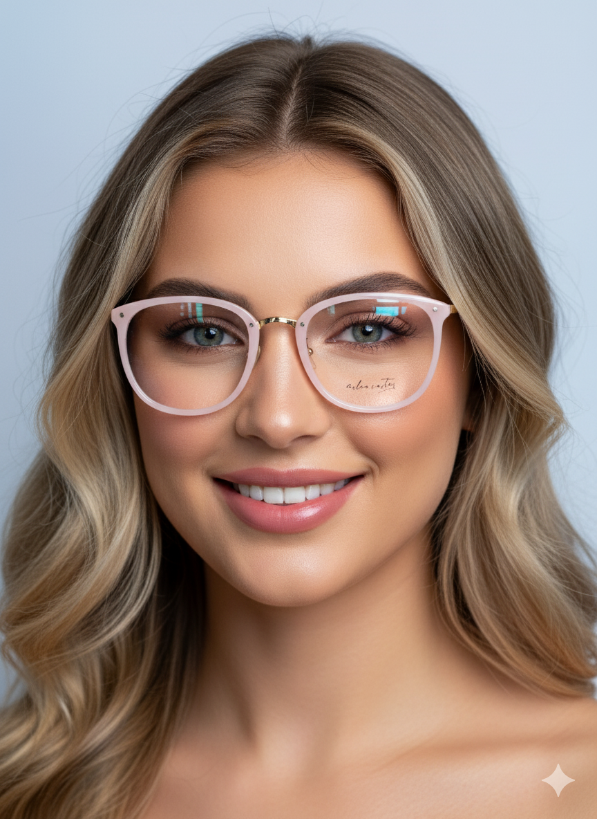 Trendy Light Pink Round Eyeglasses – SpexoVision Stylish light pink round eyeglasses with subtle gold metallic detailing and clear lenses.