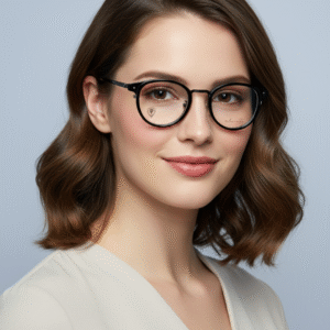 Black round eyeglasses with transparent lenses and metal bridge, displayed on a soft gradient background. Available at www.spexovision.com
