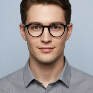 Black round eyeglasses with transparent lenses and metal bridge, displayed on a soft gradient background. Available at www.spexovision.com