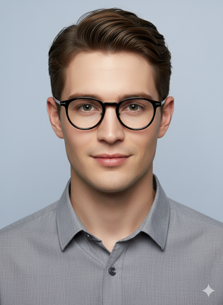 Black Round Metal Eyeglasses – Stylish and Trendy | Spexovision.com Black round eyeglasses with transparent lenses and metal bridge, displayed on a soft gradient background. Available at www.spexovision.com