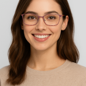 Stylish pink metal rectangular eyeglasses with orange temple tips, ideal for fashion and vision enhancement." . Available at website - www.spexovision.com